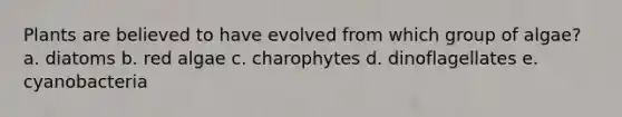 Plants are believed to have evolved from which group of algae? a. diatoms b. red algae c. charophytes d. dinoflagellates e. cyanobacteria