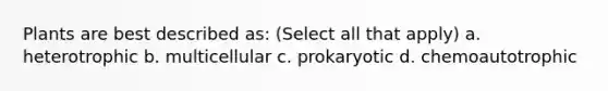 Plants are best described as: (Select all that apply) a. heterotrophic b. multicellular c. prokaryotic d. chemoautotrophic