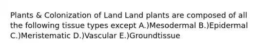 Plants & Colonization of Land Land plants are composed of all the following tissue types except A.)Mesodermal B.)Epidermal C.)Meristematic D.)Vascular E.)Groundtissue