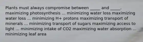 Plants must always compromise between _____ and _____. maximizing photosynthesis ... minimizing water loss maximizing water loss ... minimizing H+ protons maximizing transport of minerals ... minimizing transport of sugars maximizing access to light ... minimizing intake of CO2 maximizing water absorption ... minimizing leaf area