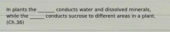 In plants the _______ conducts water and dissolved minerals, while the ______ conducts sucrose to different areas in a plant. (Ch.36)