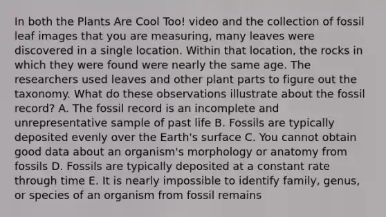 In both the Plants Are Cool Too! video and the collection of fossil leaf images that you are measuring, many leaves were discovered in a single location. Within that location, the rocks in which they were found were nearly the same age. The researchers used leaves and other plant parts to figure out the taxonomy. What do these observations illustrate about the fossil record? A. The fossil record is an incomplete and unrepresentative sample of past life B. Fossils are typically deposited evenly over the Earth's surface C. You cannot obtain good data about an organism's morphology or anatomy from fossils D. Fossils are typically deposited at a constant rate through time E. It is nearly impossible to identify family, genus, or species of an organism from fossil remains