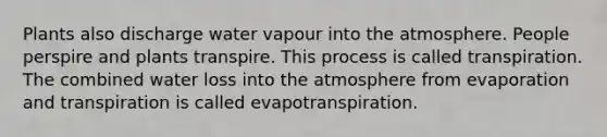 Plants also discharge water vapour into the atmosphere. People perspire and plants transpire. This process is called transpiration. The combined water loss into the atmosphere from evaporation and transpiration is called evapotranspiration.