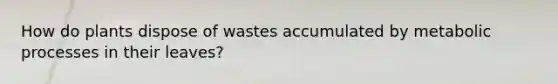 How do plants dispose of wastes accumulated by metabolic processes in their leaves?
