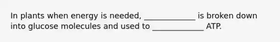 In plants when energy is needed, _____________ is broken down into glucose molecules and used to _____________ ATP.