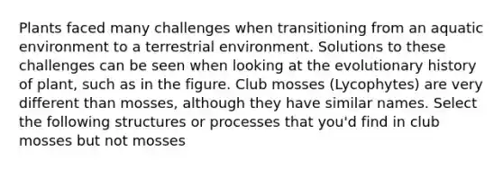 Plants faced many challenges when transitioning from an aquatic environment to a terrestrial environment. Solutions to these challenges can be seen when looking at the evolutionary history of plant, such as in the figure. Club mosses (Lycophytes) are very different than mosses, although they have similar names. Select the following structures or processes that you'd find in club mosses but not mosses