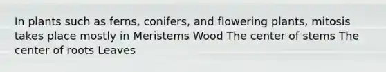 In plants such as ferns, conifers, and flowering plants, mitosis takes place mostly in Meristems Wood The center of stems The center of roots Leaves