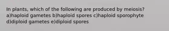 In plants, which of the following are produced by meiosis? a)haploid gametes b)haploid spores c)haploid sporophyte d)diploid gametes e)diploid spores