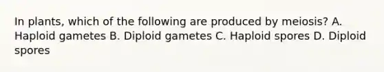 In plants, which of the following are produced by meiosis? A. Haploid gametes B. Diploid gametes C. Haploid spores D. Diploid spores