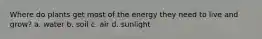 Where do plants get most of the energy they need to live and grow? a. water b. soil c. air d. sunlight