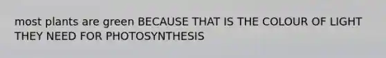 most plants are green BECAUSE THAT IS THE COLOUR OF LIGHT THEY NEED FOR PHOTOSYNTHESIS