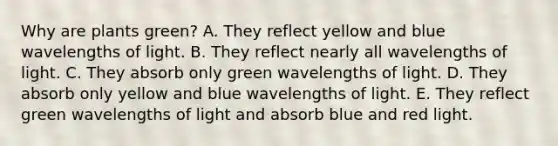 Why are plants green? A. They reflect yellow and blue wavelengths of light. B. They reflect nearly all wavelengths of light. C. They absorb only green wavelengths of light. D. They absorb only yellow and blue wavelengths of light. E. They reflect green wavelengths of light and absorb blue and red light.