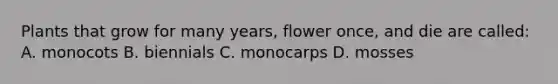 Plants that grow for many years, flower once, and die are called: A. monocots B. biennials C. monocarps D. mosses