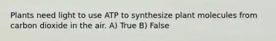 Plants need light to use ATP to synthesize plant molecules from carbon dioxide in the air. A) True B) False