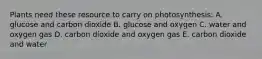 Plants need these resource to carry on photosynthesis: A. glucose and carbon dioxide B. glucose and oxygen C. water and oxygen gas D. carbon dioxide and oxygen gas E. carbon dioxide and water