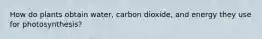 How do plants obtain water, carbon dioxide, and energy they use for photosynthesis?