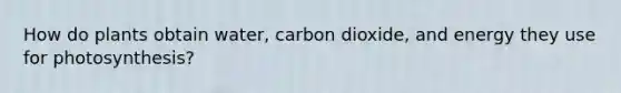 How do plants obtain water, carbon dioxide, and energy they use for photosynthesis?