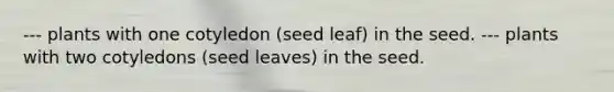 --- plants with one cotyledon (seed leaf) in the seed. --- plants with two cotyledons (seed leaves) in the seed.