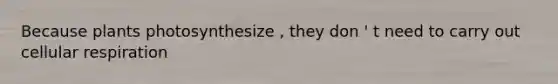 Because plants photosynthesize , they don ' t need to carry out cellular respiration