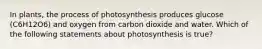 In plants, the process of photosynthesis produces glucose (C6H12O6) and oxygen from carbon dioxide and water. Which of the following statements about photosynthesis is true?