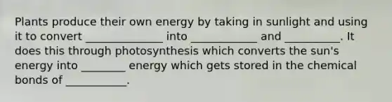 Plants produce their own energy by taking in sunlight and using it to convert ______________ into ____________ and __________. It does this through photosynthesis which converts the sun's energy into ________ energy which gets stored in the chemical bonds of ___________.