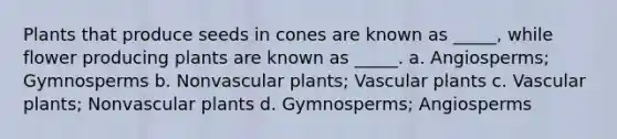 Plants that produce seeds in cones are known as _____, while flower producing plants are known as _____. a. Angiosperms; Gymnosperms b. Nonvascular plants; Vascular plants c. Vascular plants; Nonvascular plants d. Gymnosperms; Angiosperms