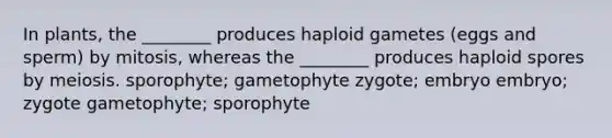 In plants, the ________ produces haploid gametes (eggs and sperm) by mitosis, whereas the ________ produces haploid spores by meiosis. sporophyte; gametophyte zygote; embryo embryo; zygote gametophyte; sporophyte