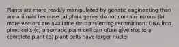 Plants are more readily manipulated by genetic engineering than are animals because (a) plant genes do not contain introns (b) more vectors are available for transferring recombinant DNA into plant cells (c) a somatic plant cell can often give rise to a complete plant (d) plant cells have larger nuclei