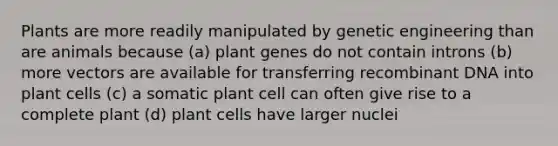 Plants are more readily manipulated by genetic engineering than are animals because (a) plant genes do not contain introns (b) more vectors are available for transferring recombinant DNA into plant cells (c) a somatic plant cell can often give rise to a complete plant (d) plant cells have larger nuclei