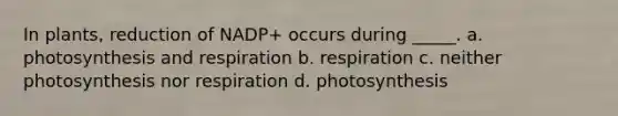 In plants, reduction of NADP+ occurs during _____. a. photosynthesis and respiration b. respiration c. neither photosynthesis nor respiration d. photosynthesis