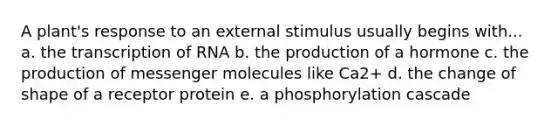 A plant's response to an external stimulus usually begins with... a. the transcription of RNA b. the production of a hormone c. the production of messenger molecules like Ca2+ d. the change of shape of a receptor protein e. a phosphorylation cascade