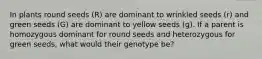 In plants round seeds (R) are dominant to wrinkled seeds (r) and green seeds (G) are dominant to yellow seeds (g). If a parent is homozygous dominant for round seeds and heterozygous for green seeds, what would their genotype be?