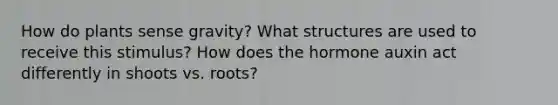 How do plants sense gravity? What structures are used to receive this stimulus? How does the hormone auxin act differently in shoots vs. roots?