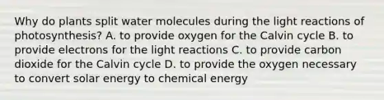 Why do plants split water molecules during the <a href='https://www.questionai.com/knowledge/kSUoWrrvoC-light-reactions' class='anchor-knowledge'>light reactions</a> of photosynthesis? A. to provide oxygen for the Calvin cycle B. to provide electrons for the light reactions C. to provide carbon dioxide for the Calvin cycle D. to provide the oxygen necessary to convert solar energy to chemical energy