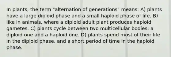 In plants, the term "alternation of generations" means: A) plants have a large diploid phase and a small haploid phase of life. B) like in animals, where a diploid adult plant produces haploid gametes. C) plants cycle between two multicellular bodies: a diploid one and a haploid one. D) plants spend most of their life in the diploid phase, and a short period of time in the haploid phase.