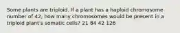 Some plants are triploid. If a plant has a haploid chromosome number of 42, how many chromosomes would be present in a triploid plant's somatic cells? 21 84 42 126