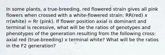 In some plants, a true-breeding, red flowered strain gives all pink flowers when crossed with a white-flowered strain: RR(red) x rr(white) = Rr (pink). If flower position axial is dominant and terminal is recessive, what will be the ratios of genotypes and phenotypes of the generation resulting from the following cross: axial red (true-breeding) x terminal white? What will be the ratios in the F2 generation?