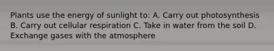 Plants use the energy of sunlight to: A. Carry out photosynthesis B. Carry out cellular respiration C. Take in water from the soil D. Exchange gases with the atmosphere