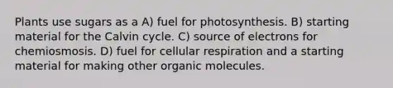 Plants use sugars as a A) fuel for photosynthesis. B) starting material for the Calvin cycle. C) source of electrons for chemiosmosis. D) fuel for cellular respiration and a starting material for making other organic molecules.