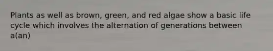 Plants as well as brown, green, and red algae show a basic life cycle which involves the alternation of generations between a(an)