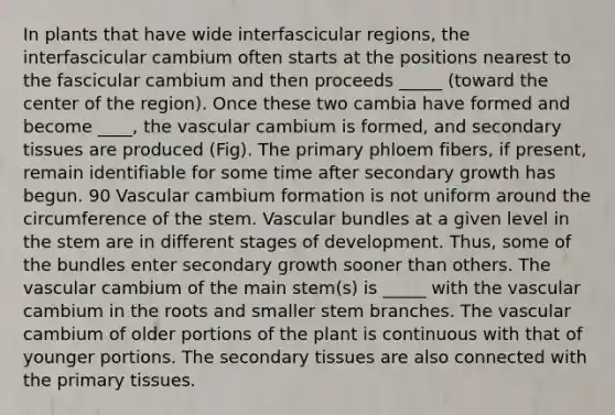 In plants that have wide interfascicular regions, the interfascicular cambium often starts at the positions nearest to the fascicular cambium and then proceeds _____ (toward the center of the region). Once these two cambia have formed and become ____, the vascular cambium is formed, and secondary tissues are produced (Fig). The primary phloem fibers, if present, remain identifiable for some time after secondary growth has begun. 90 Vascular cambium formation is not uniform around the circumference of the stem. Vascular bundles at a given level in the stem are in different stages of development. Thus, some of the bundles enter secondary growth sooner than others. The vascular cambium of the main stem(s) is _____ with the vascular cambium in the roots and smaller stem branches. The vascular cambium of older portions of the plant is continuous with that of younger portions. The secondary tissues are also connected with the primary tissues.