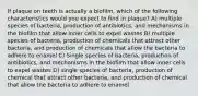 If plaque on teeth is actually a biofilm, which of the following characteristics would you expect to find in plaque? A) multiple species of bacteria, production of antibiotics, and mechanisms in the biofilm that allow inner cells to expel wastes B) multiple species of bacteria, production of chemicals that attract other bacteria, and production of chemicals that allow the bacteria to adhere to enamel C) Single species of bacteria, production of antibiotics, and mechanisms in the biofilm that allow inner cells to expel wastes D) single species of bacteria, production of chemical that attract other bacteria, and production of chemical that allow the bacteria to adhere to enamel