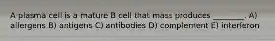 A plasma cell is a mature B cell that mass produces ________. A) allergens B) antigens C) antibodies D) complement E) interferon