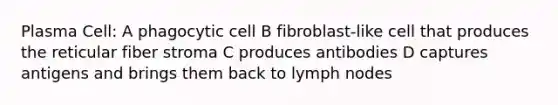 Plasma Cell: A phagocytic cell B fibroblast-like cell that produces the reticular fiber stroma C produces antibodies D captures antigens and brings them back to lymph nodes