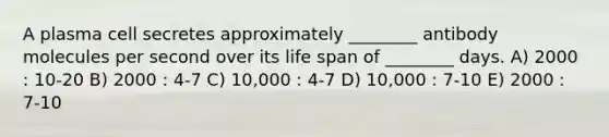 A plasma cell secretes approximately ________ antibody molecules per second over its life span of ________ days. A) 2000 : 10-20 B) 2000 : 4-7 C) 10,000 : 4-7 D) 10,000 : 7-10 E) 2000 : 7-10