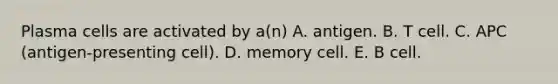 Plasma cells are activated by a(n) A. antigen. B. T cell. C. APC (antigen-presenting cell). D. memory cell. E. B cell.