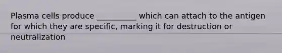 Plasma cells produce __________ which can attach to the antigen for which they are specific, marking it for destruction or neutralization