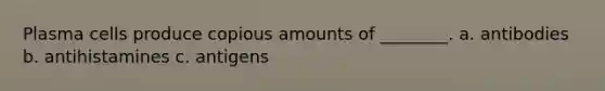 Plasma cells produce copious amounts of ________. a. antibodies b. antihistamines c. antigens
