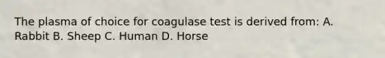 The plasma of choice for coagulase test is derived from: A. Rabbit B. Sheep C. Human D. Horse