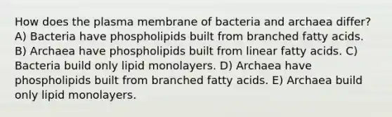 How does the plasma membrane of bacteria and archaea differ? A) Bacteria have phospholipids built from branched fatty acids. B) Archaea have phospholipids built from linear fatty acids. C) Bacteria build only lipid monolayers. D) Archaea have phospholipids built from branched fatty acids. E) Archaea build only lipid monolayers.